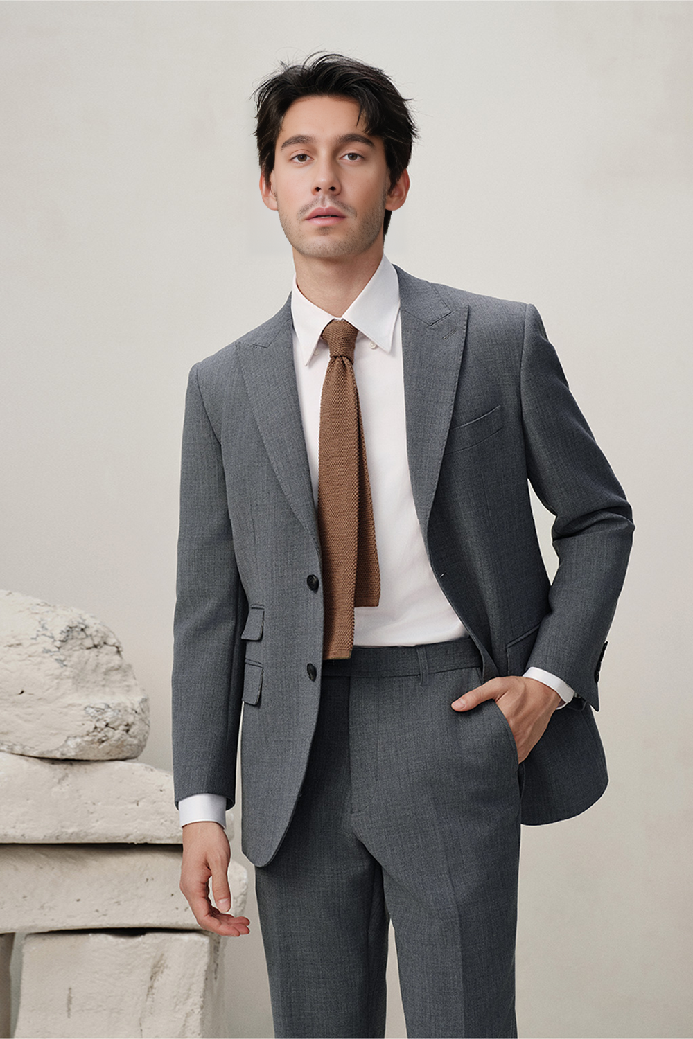 Costume single breasted, em lã tropical com elastano, lapela peak - Efficient Cinza