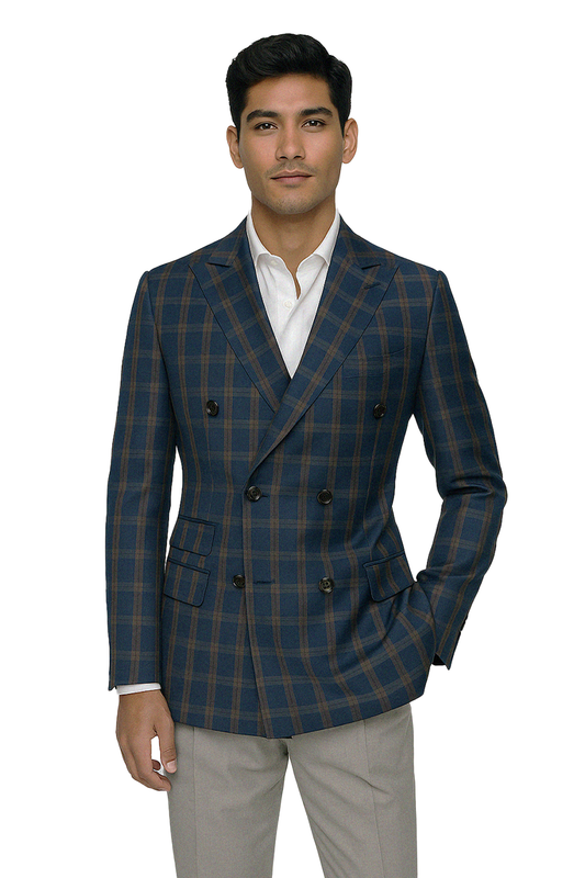 Blazer double breasted 6x2, em lã tropical, com lapela peak - Tartan Azul multitons
