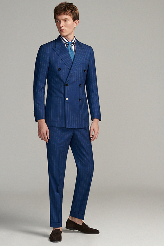 Costume double breasted, 6x2 com lapela peak - Azul bic com riscas de giz