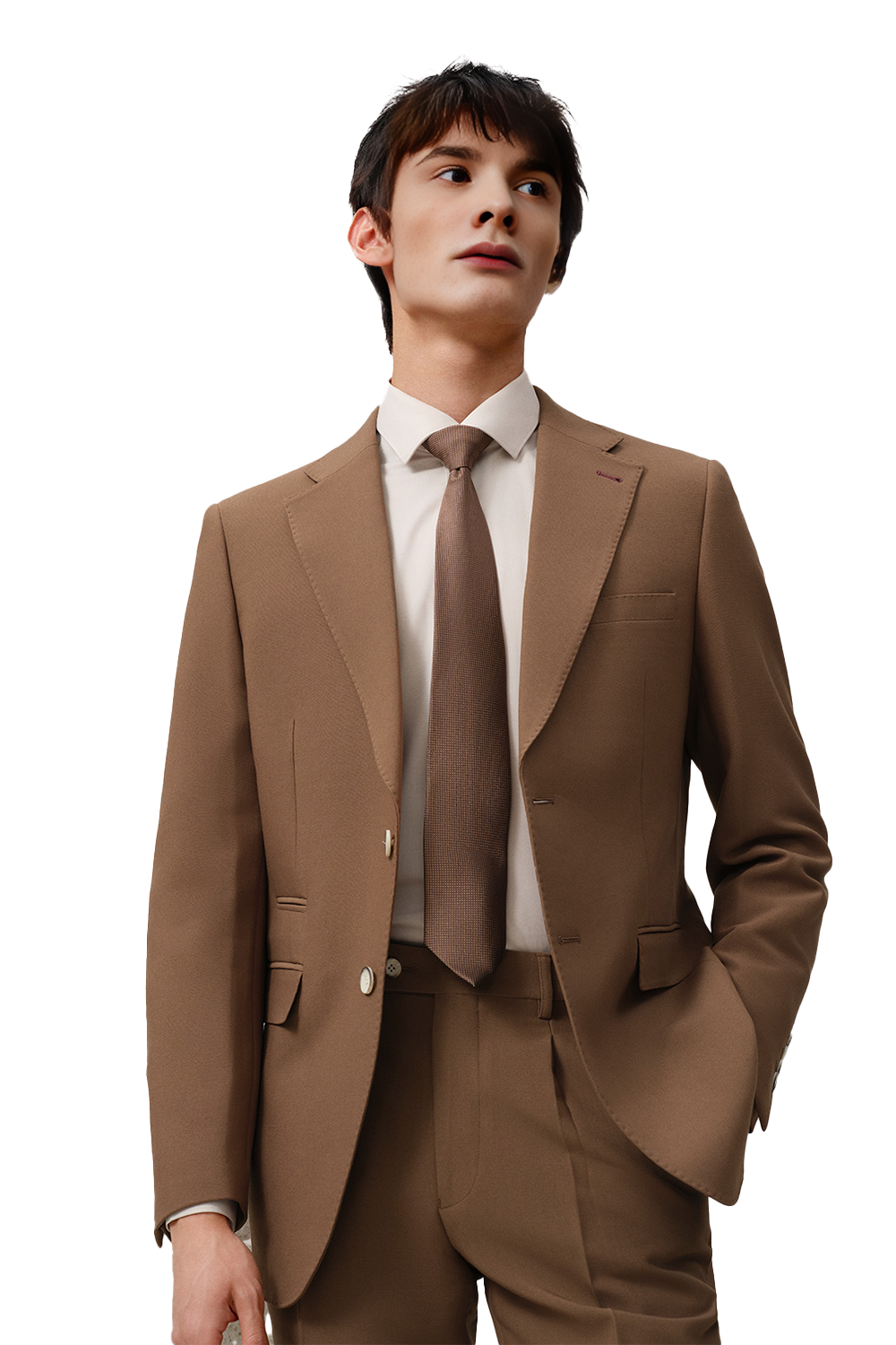 Costume single breasted em poliviscose, com lapela notched larga - Grandeur Castanho