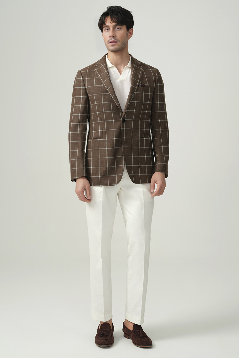 Blazer em lã, rami e seda, half canvas, single breasted com lapela notched - Marrom Xadrez
