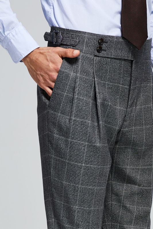 Lanifício Drago in Biella - Calça de modelagem italiana, em lã merino 130's 17.25 micron, com ajuste lateral - Windowpane Cinza