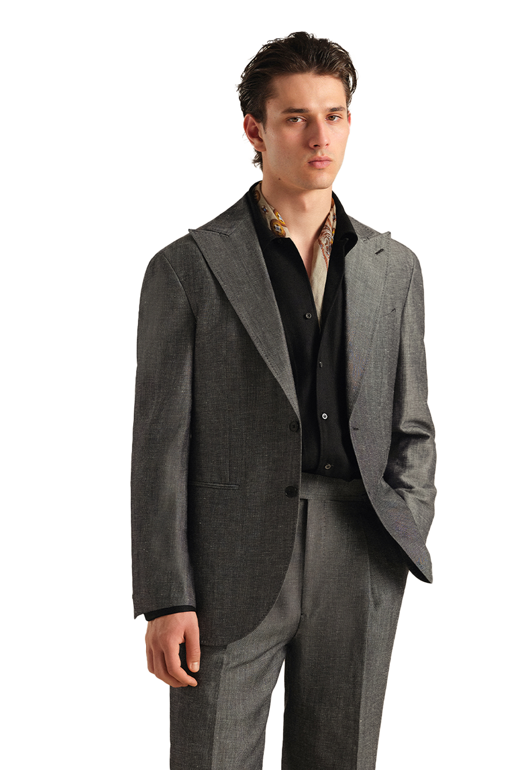 Blazer single breasted com lapela peaked large, em lã com linho - Cinza escuro