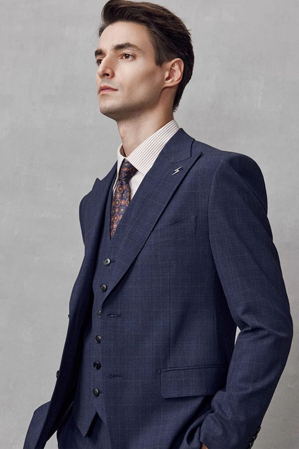 Costume single breasted em poliviscose, com lapela peak- Windowpane azul