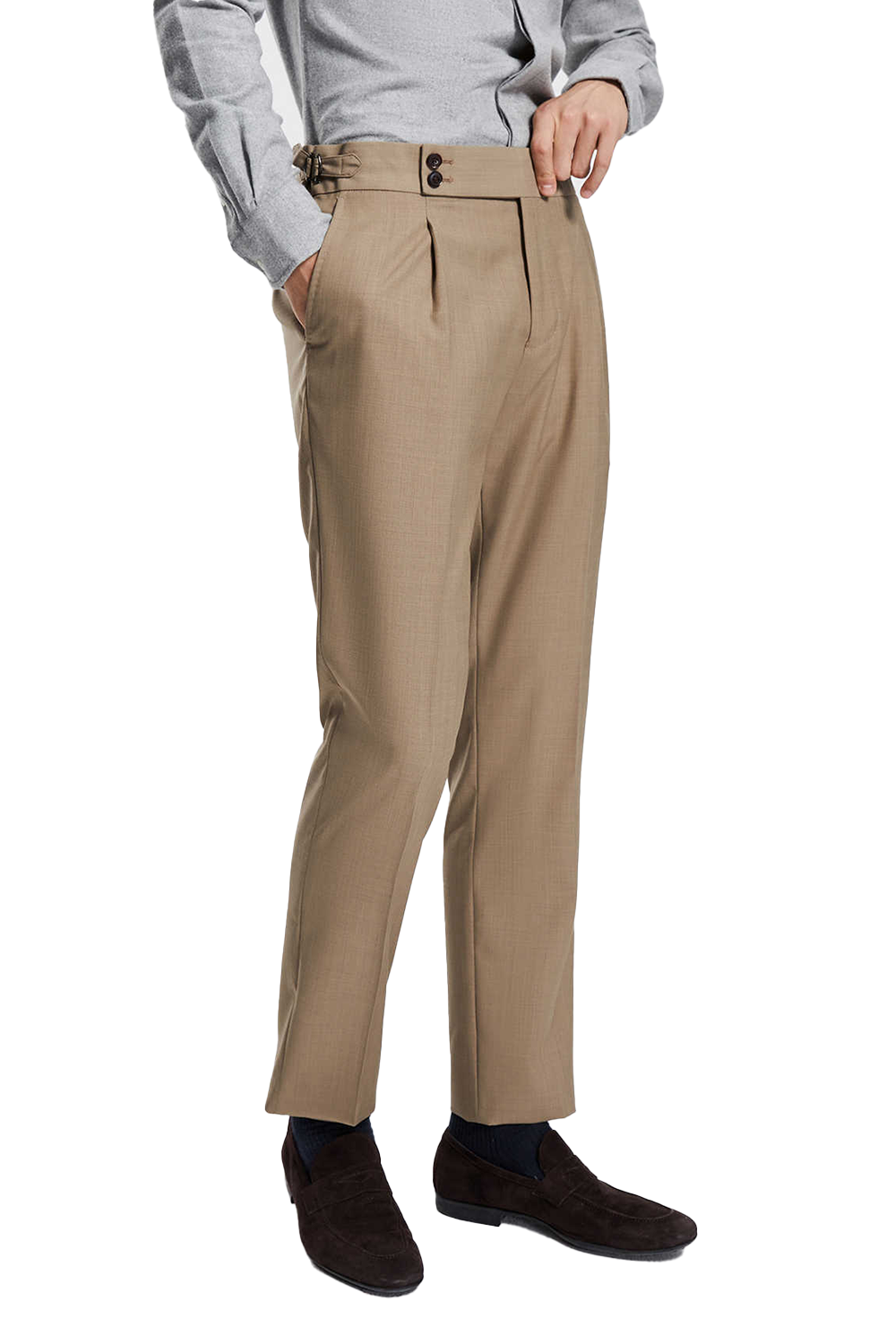 Calça de modelagem italiana, em lã tropical, com cintura alta e ajustadores laterais - Percepito Khaki Médio
