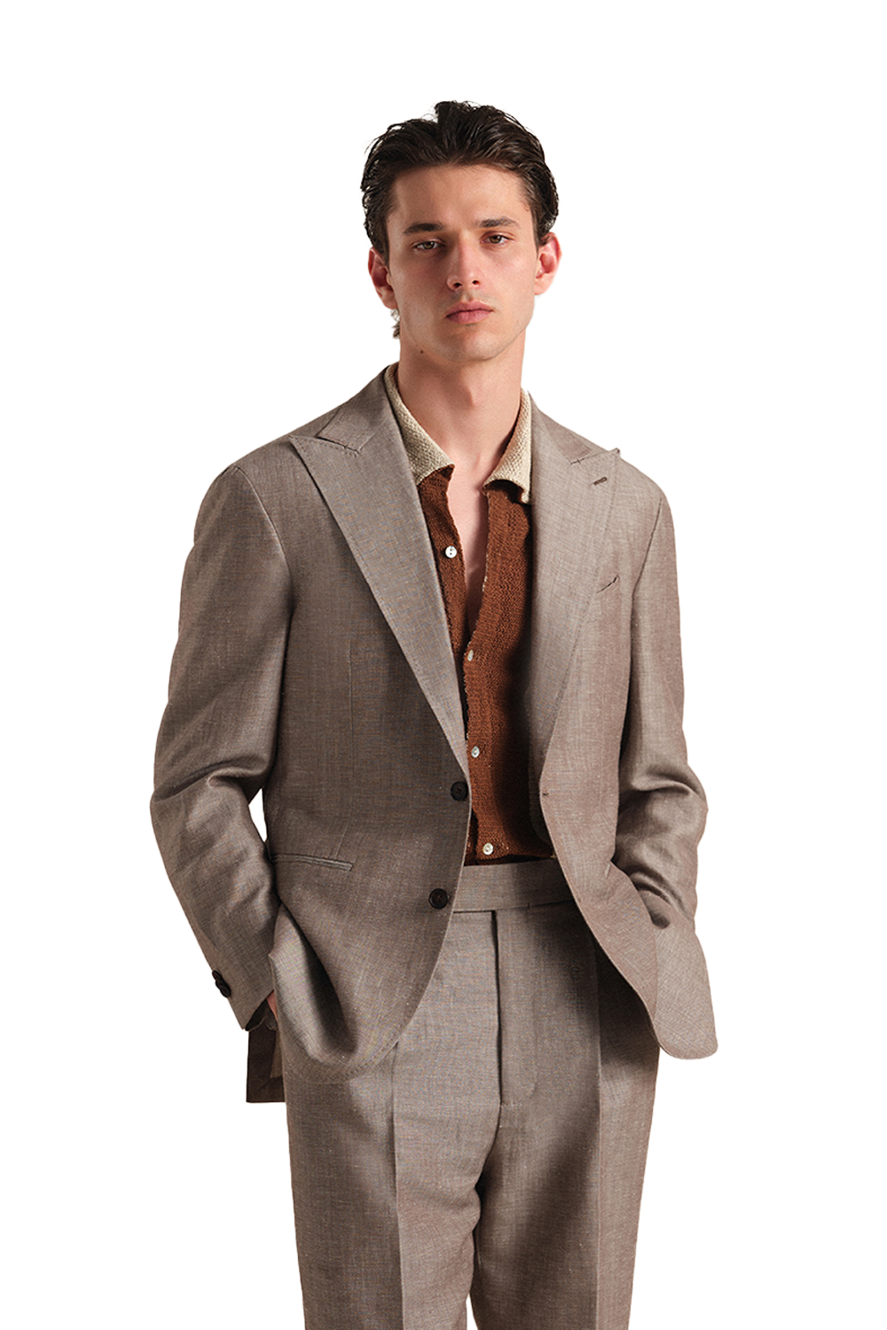 Blazer single breasted com lapela peaked large, em lã com linho - Taupe