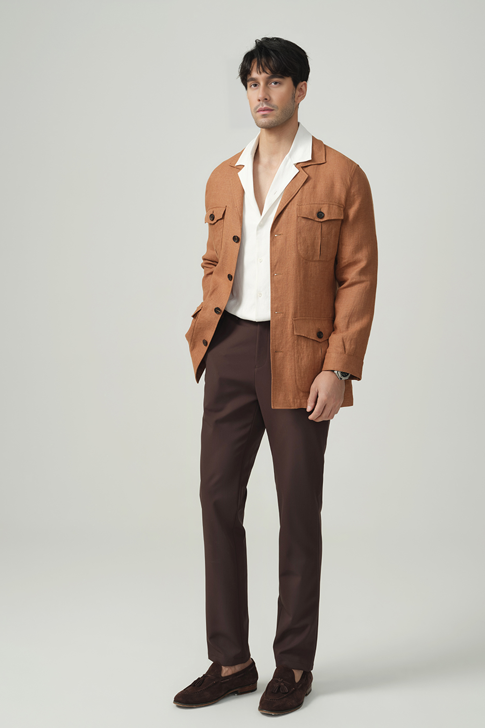 Safari Jacket desestruturado, com faixa 100% linho - Tabaco
