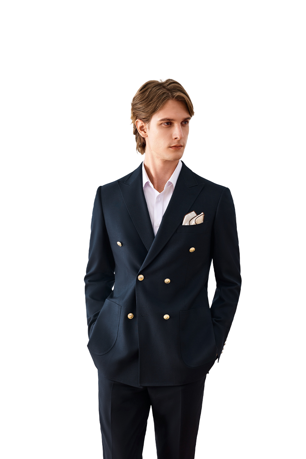 Costume double breasted 6x2, em polilã e tencel, com lapela peak- Azul marinheiro