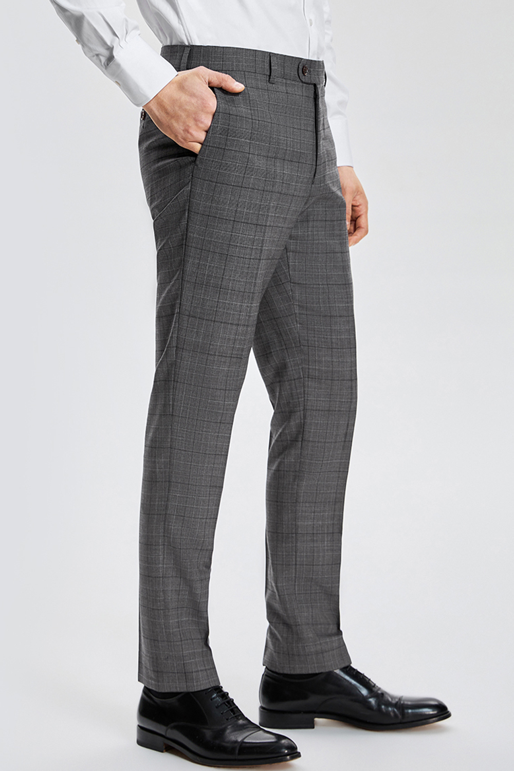 Calça de modelagem italiana, em lã super 130'S com 17.20 µ com cintura alta e passantes de cinto - Exalt Cinza com padronagem