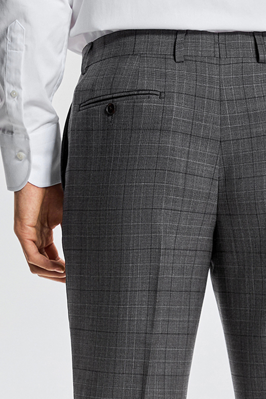 Calça de modelagem italiana, em lã super 130'S com 17.20 µ com cintura alta e passantes de cinto - Exalt Cinza com padronagem