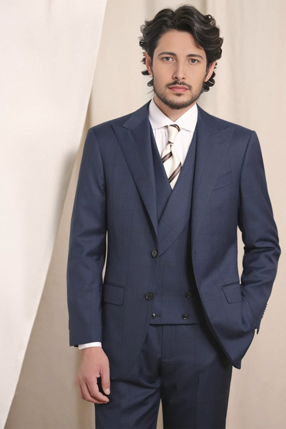 Costume double breasted, 6x2, com lapela peaked large, em lã tropical - Azul Principe de Gales ACT