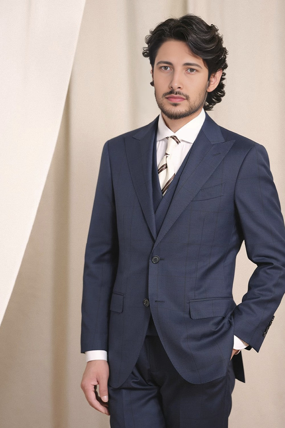 Costume double breasted, 6x2, com lapela peaked large, em lã tropical - Azul Principe de Gales ACT