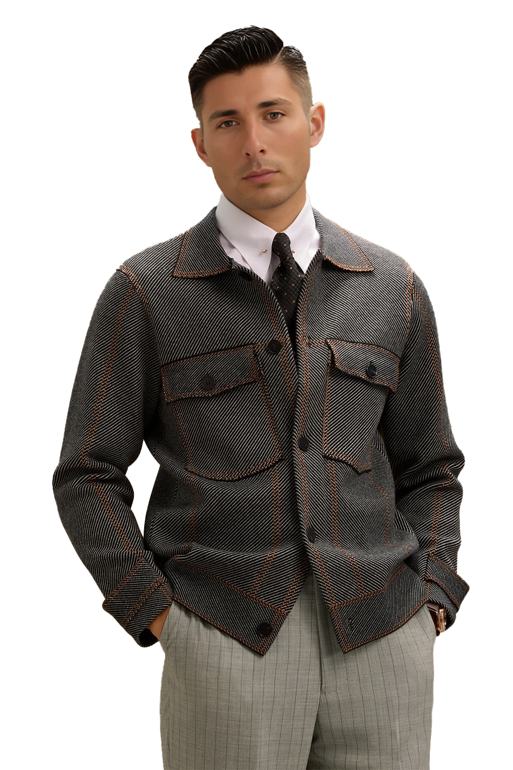 Jaqueta alfaiataria workwear, curta, com lapela e bolsos frontais - Sarja Mista