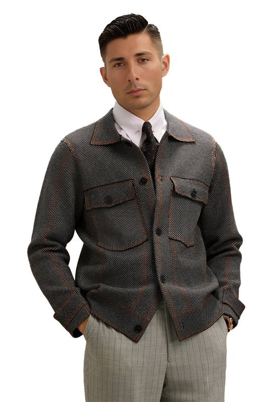 Jaqueta alfaiataria workwear, curta, com lapela e bolsos frontais - Sarja Mista