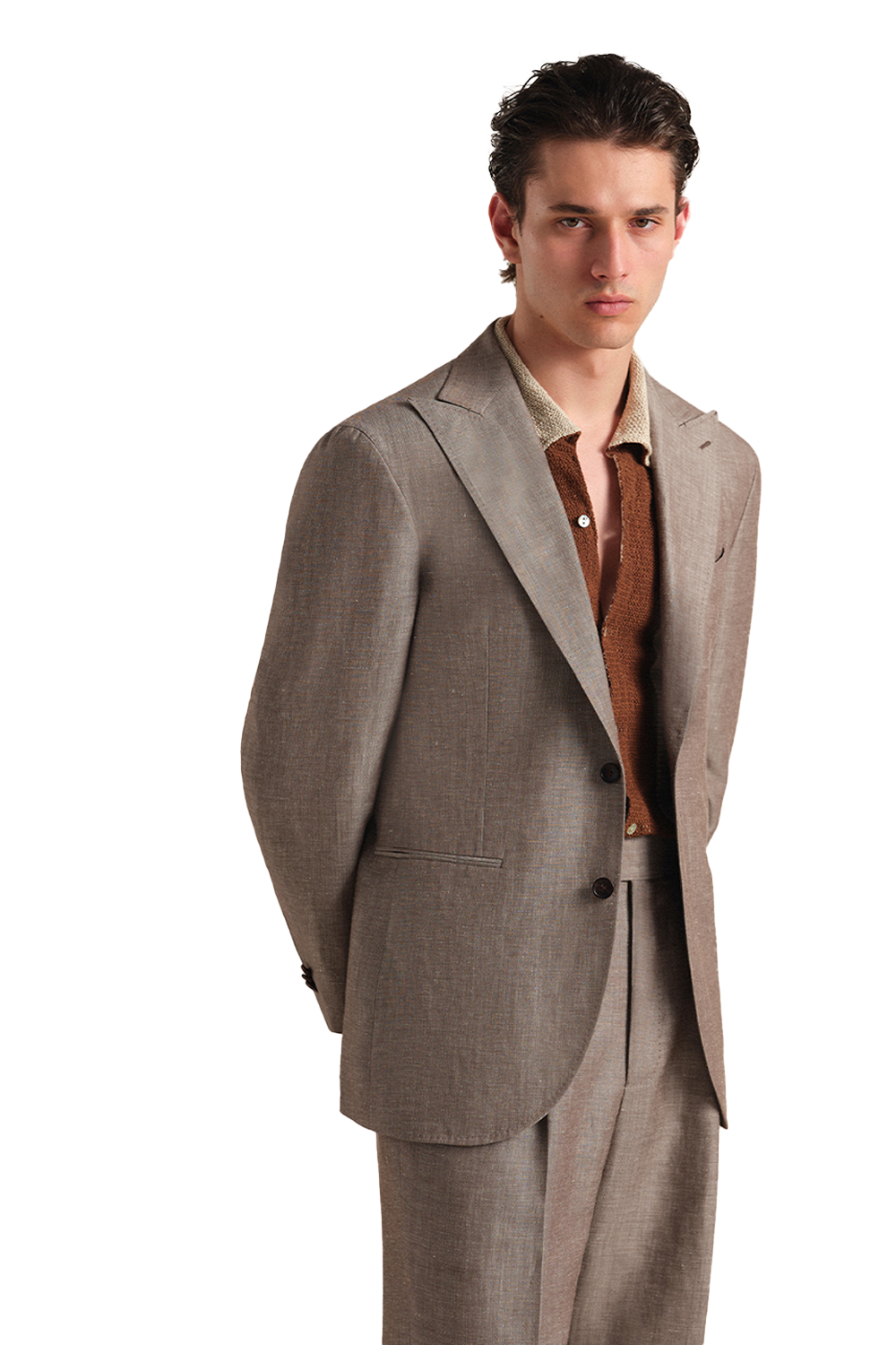 Blazer single breasted com lapela peaked large, em lã com linho - Taupe