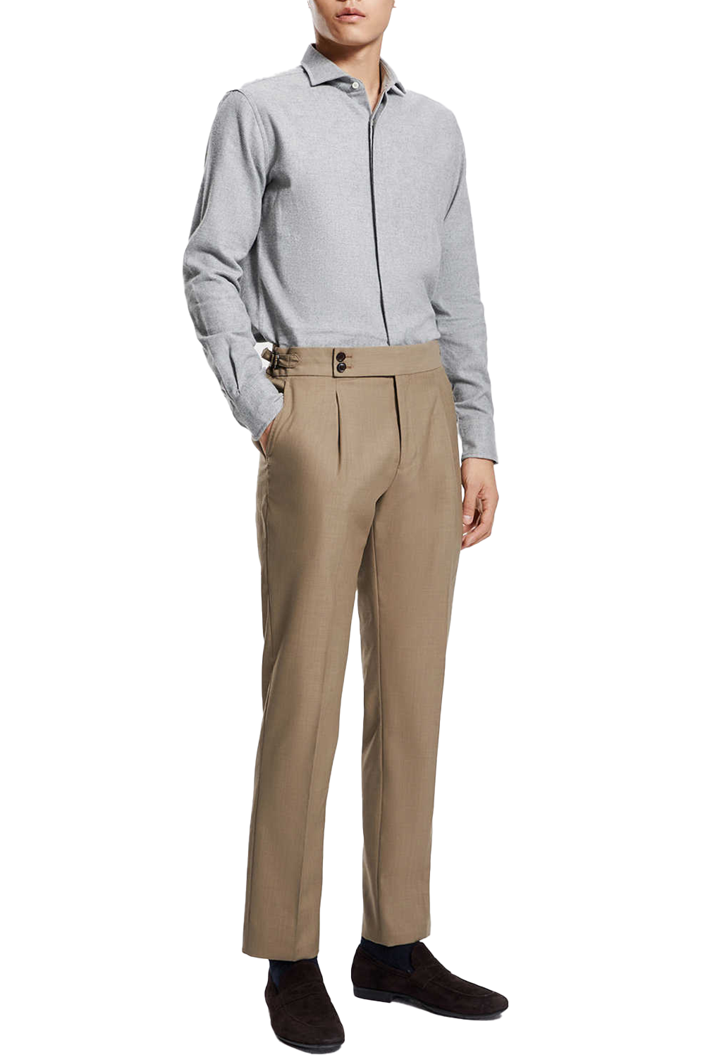 Calça de modelagem italiana, em lã tropical, com cintura alta e ajustadores laterais - Percepito Khaki Médio