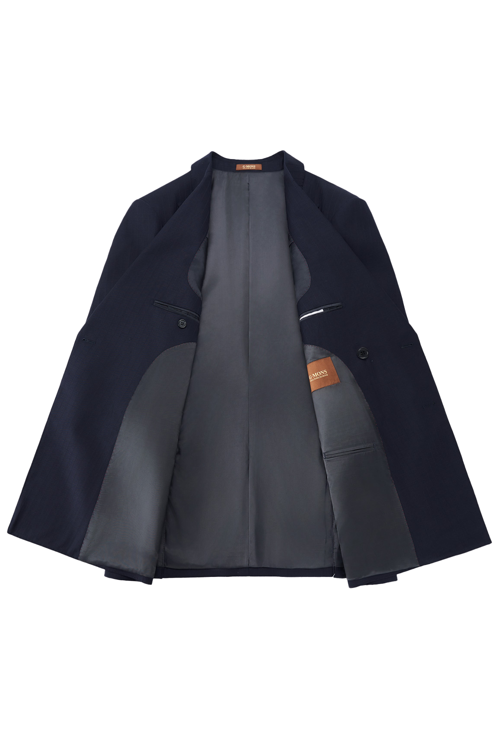 Costume double breasted, em lã merino super 100's com 18.75 micron, com lapela peak - Azul Marinho Risca de Giz