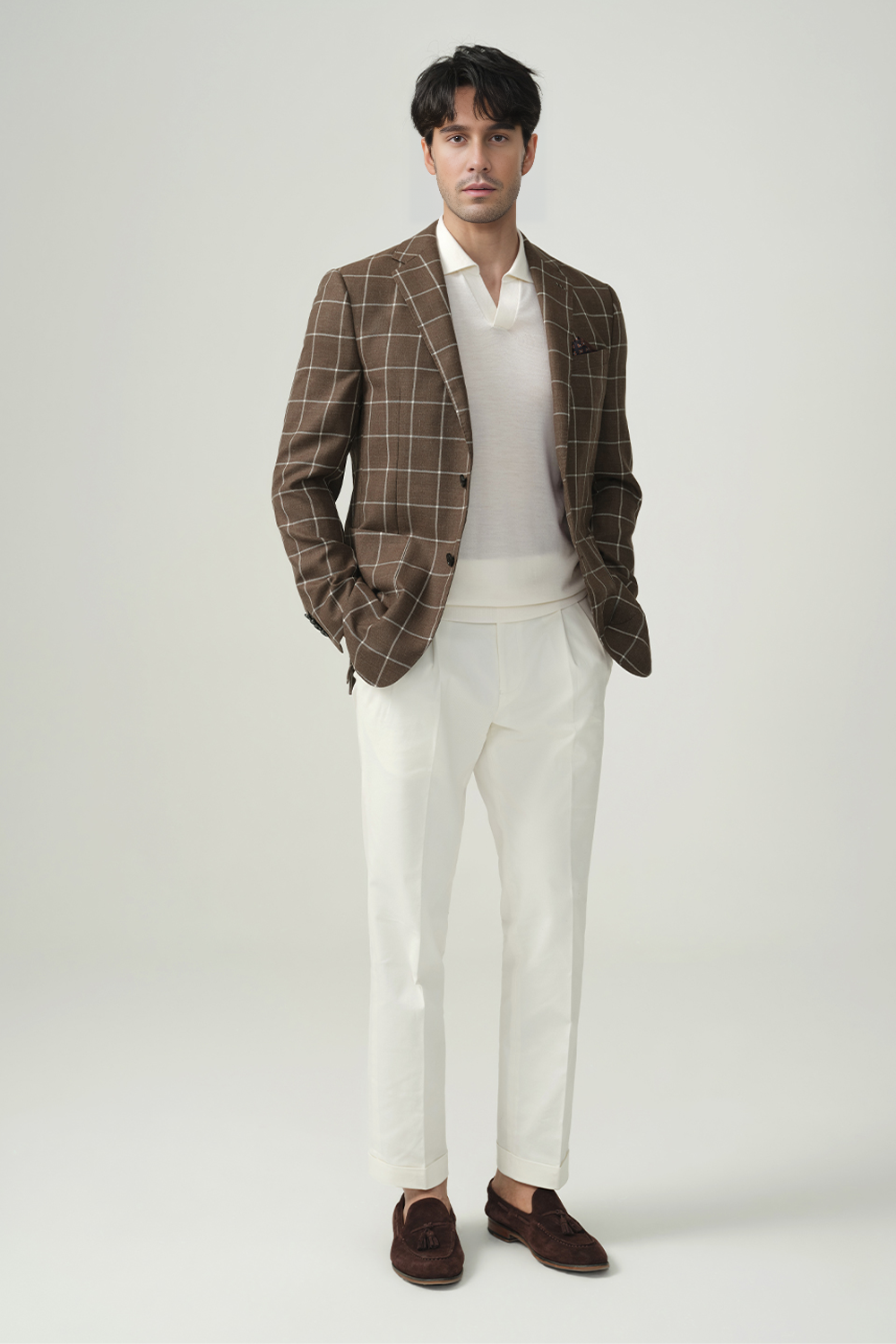 Blazer em lã, rami e seda, half canvas, single breasted com lapela notched - Marrom Xadrez