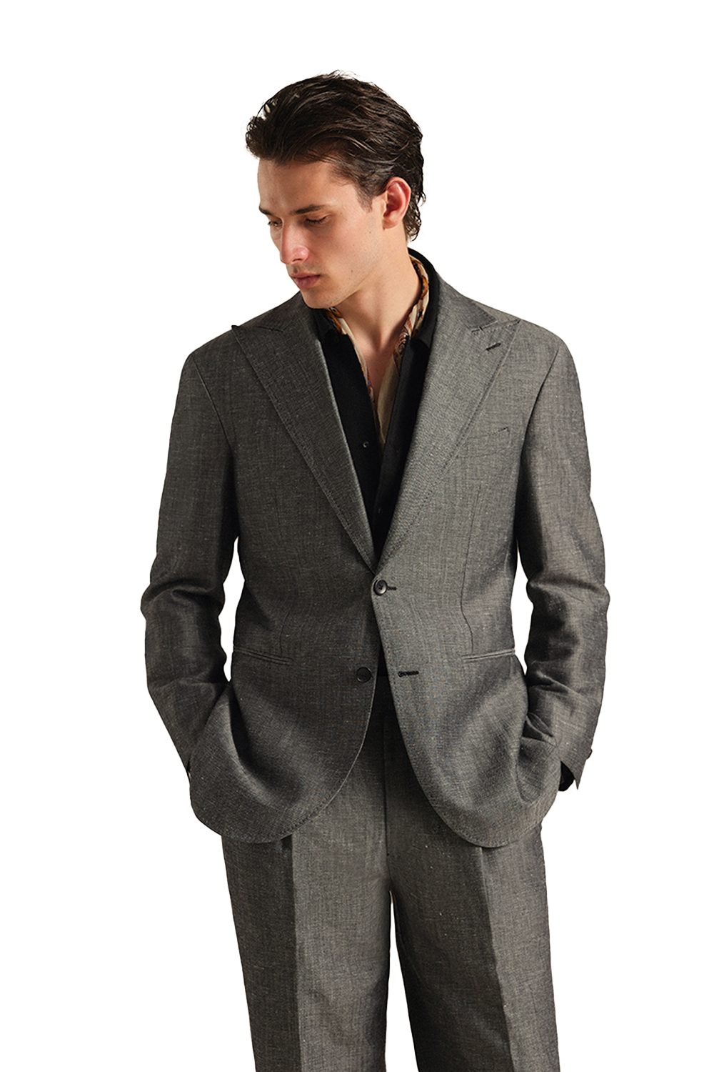 Blazer single breasted com lapela peaked large, em lã com linho - Cinza escuro