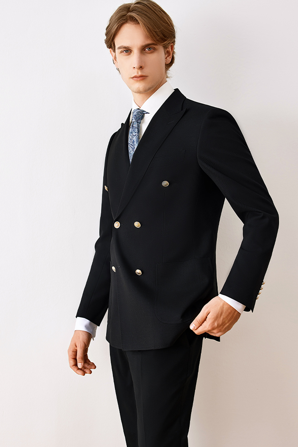 Costume double breasted 6x2, em polilã e tencel, com lapela peak- Preto nobre