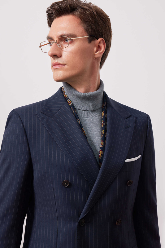 Costume double breasted 6x2, half canvas, lapela peak, em lã merino super 110 18.25 µ - Liveable Azul Risca de Giz