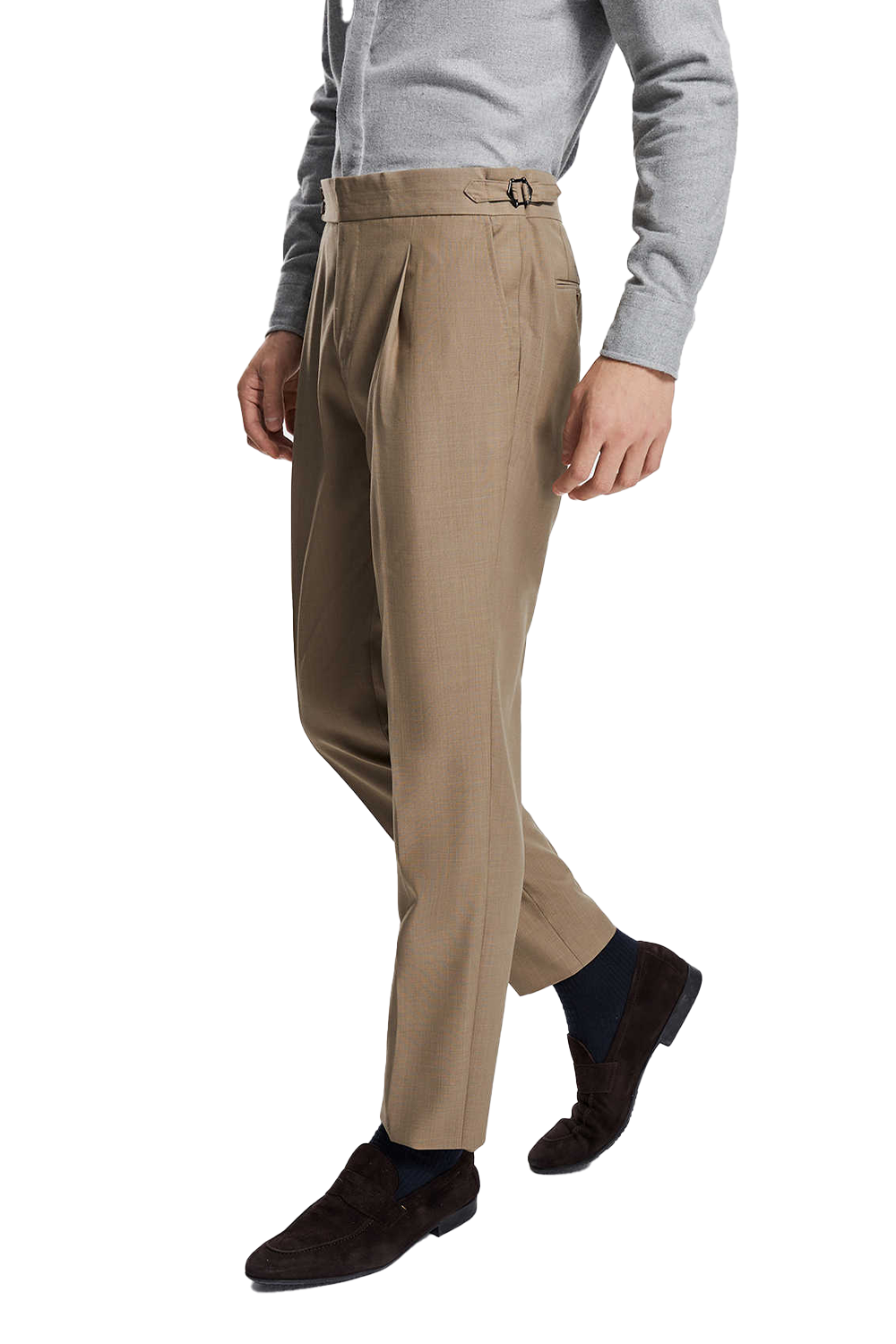 Calça de modelagem italiana, em lã tropical, com cintura alta e ajustadores laterais - Percepito Khaki Médio