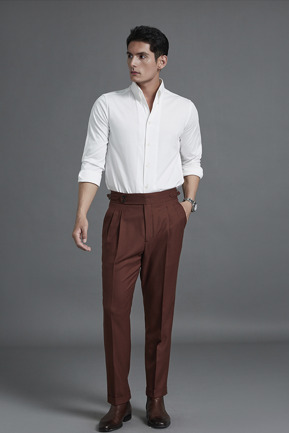 Calça de modelagem italiana, em lã merino 110's 18.25 micron - Marrom bordô