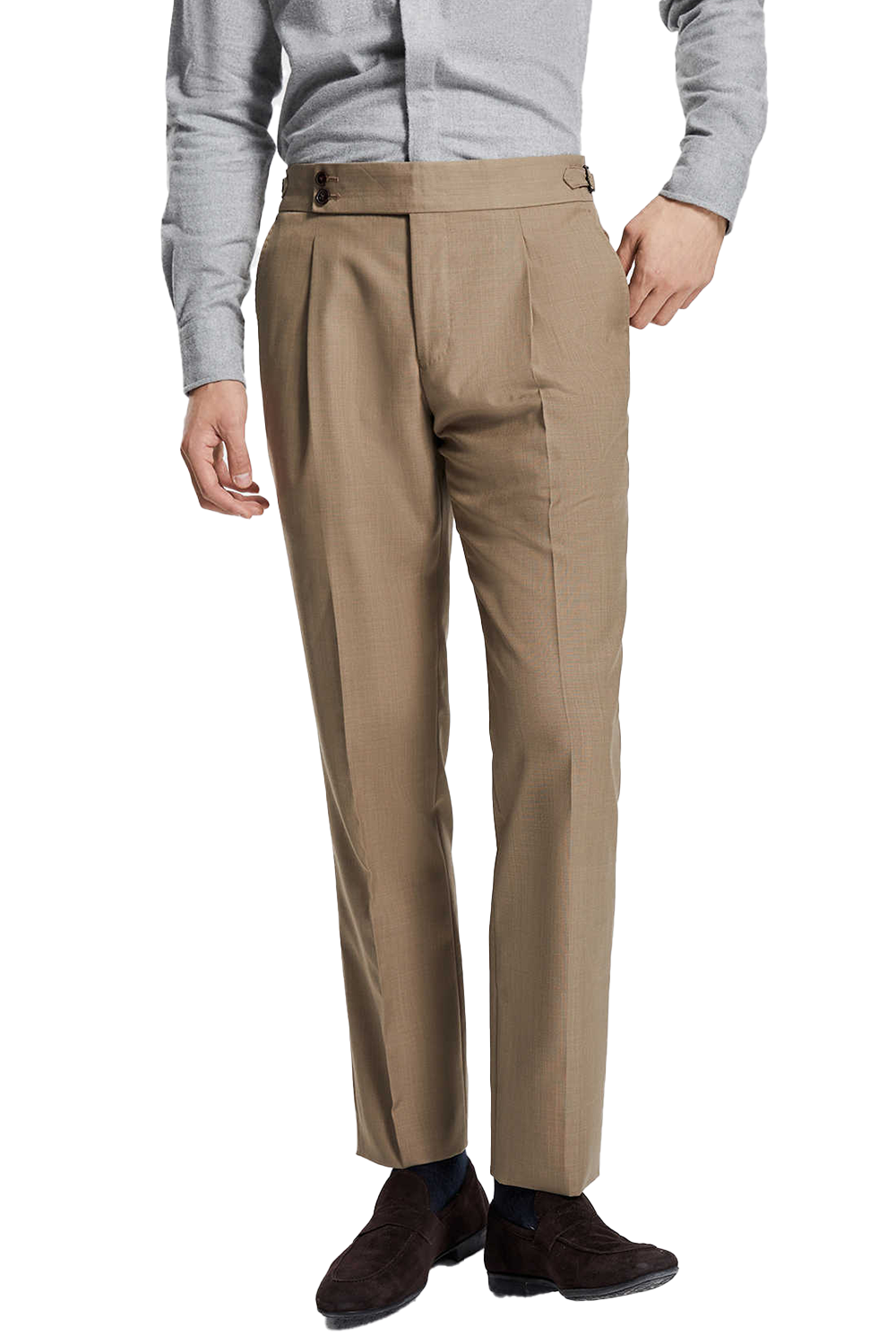 Calça de modelagem italiana, em lã tropical, com cintura alta e ajustadores laterais - Percepito Khaki Médio