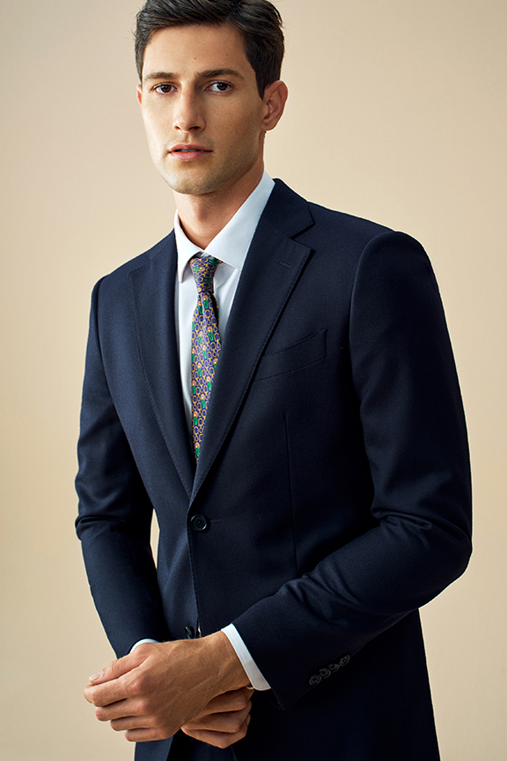 Costume single breasted, em lã tropical, com lapela notched - Azul marinho