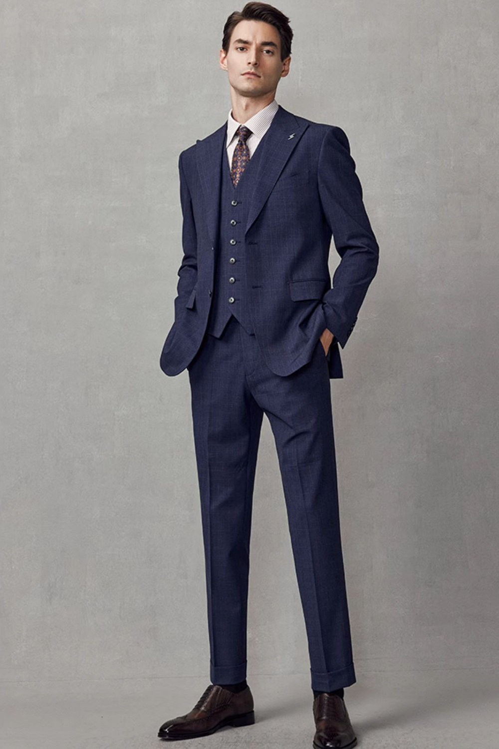 Costume single breasted em poliviscose, com lapela peak- Windowpane azul