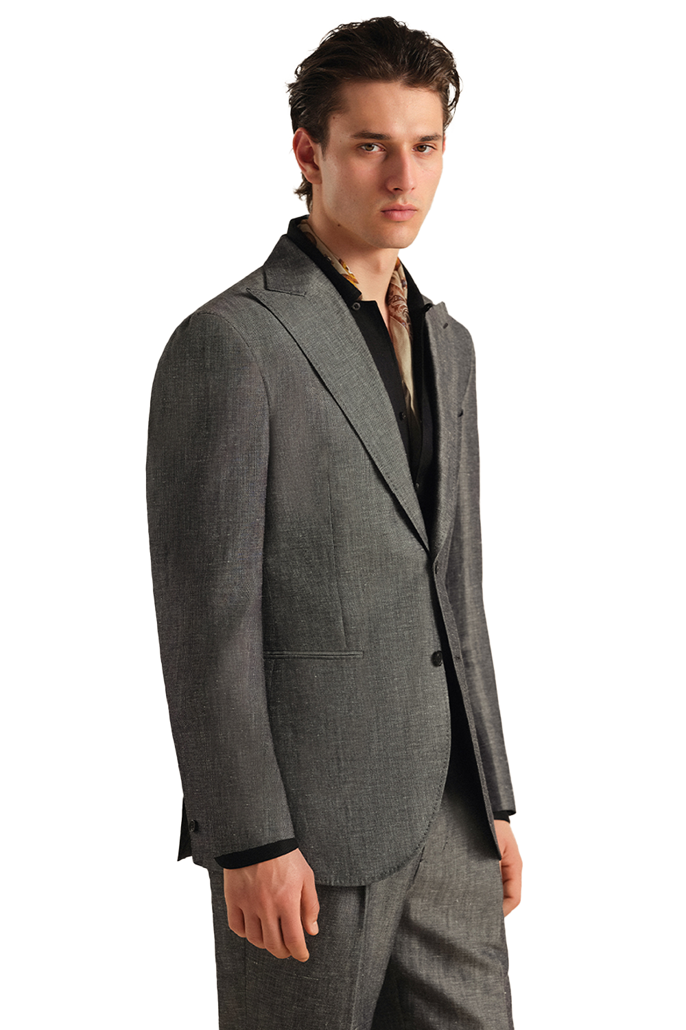 Blazer single breasted com lapela peaked large, em lã com linho - Cinza escuro
