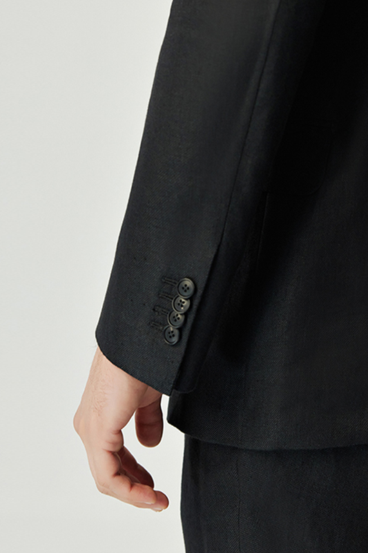 Costume double breasted 6x2, em linho hopsack, com lapela peak large - Preto