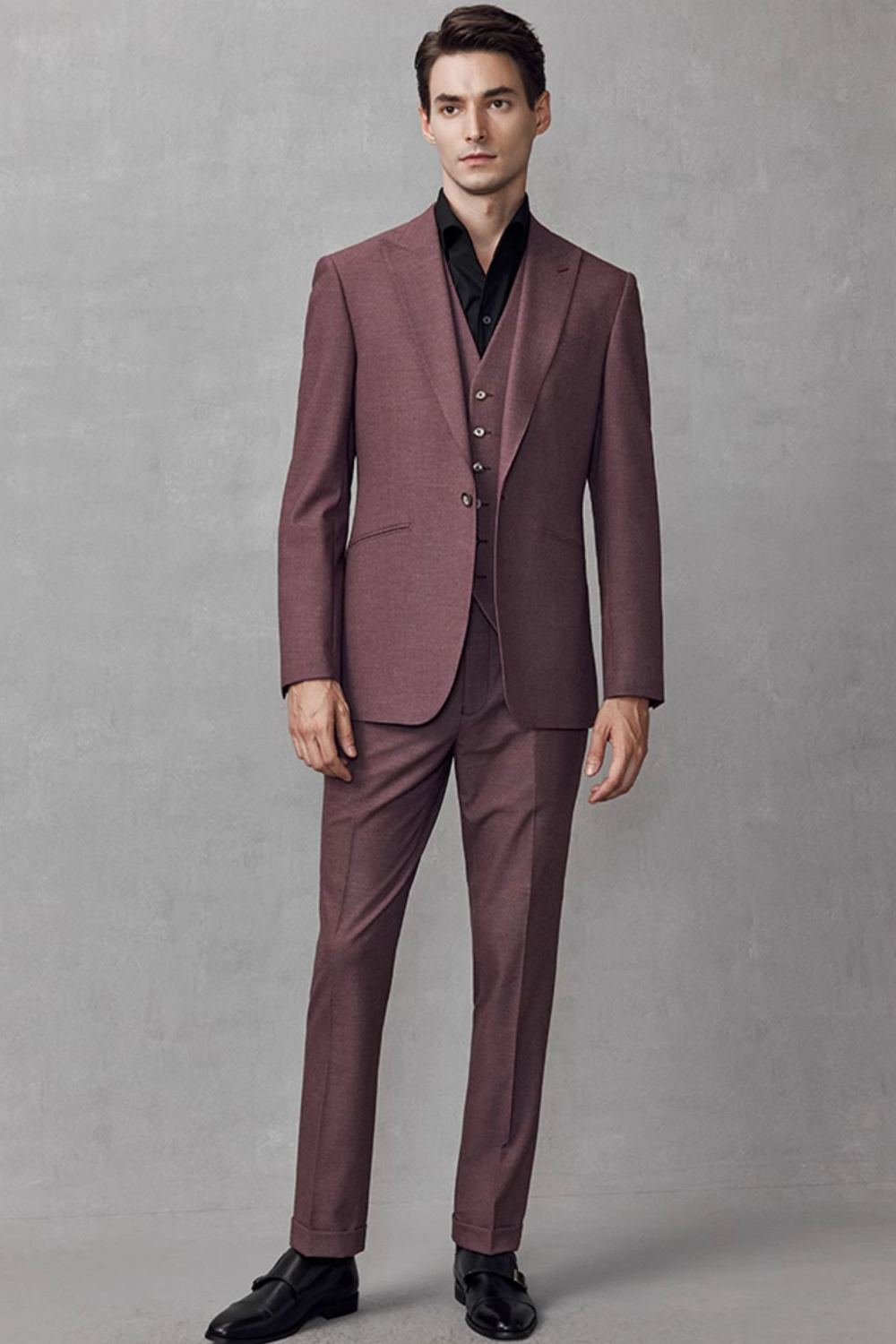 Costume single breasted em poliviscose, com lapela peak- Vinho