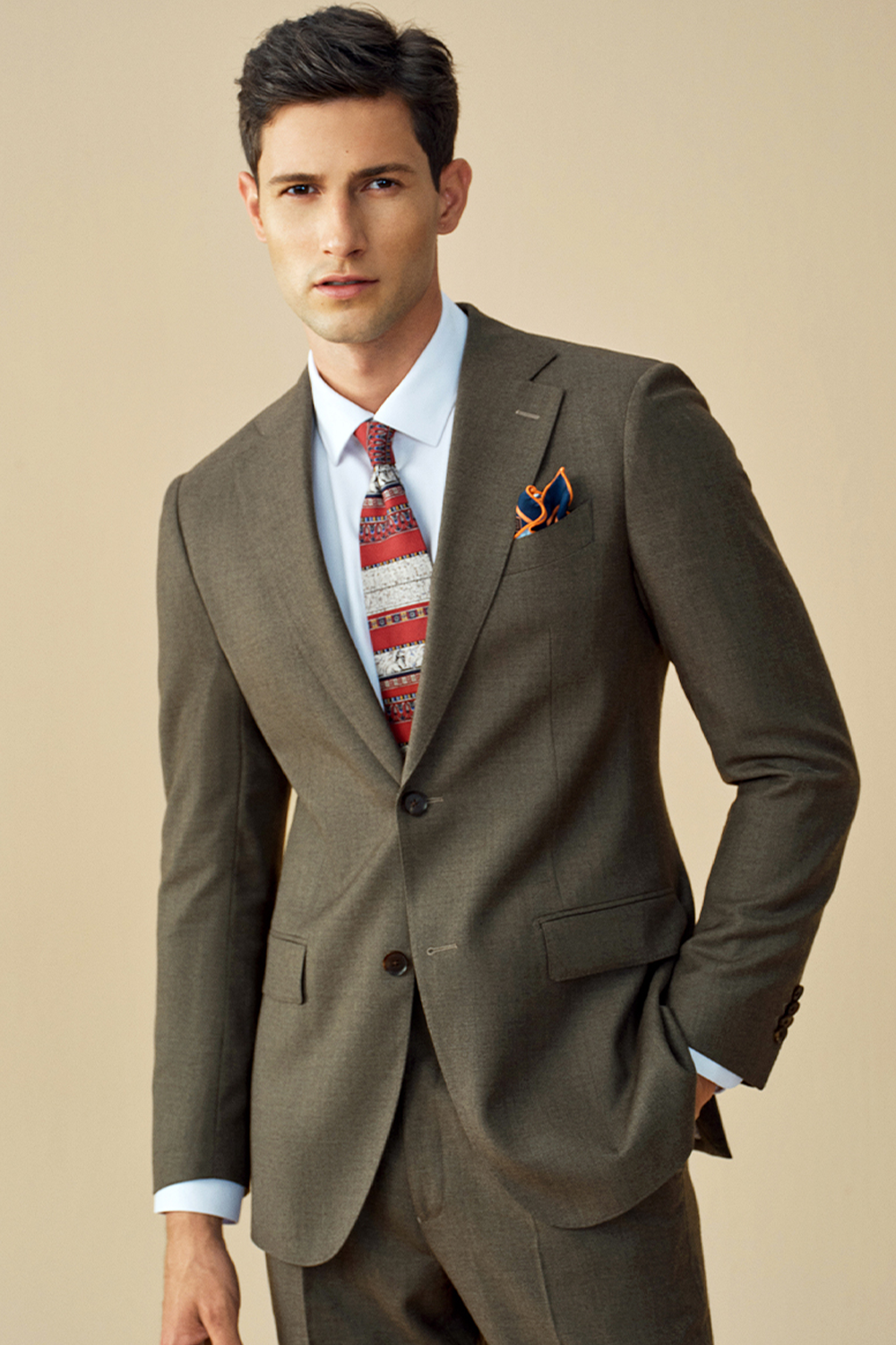Costume single breasted, em lã tropical, com lapela notched - Marrom Khaki