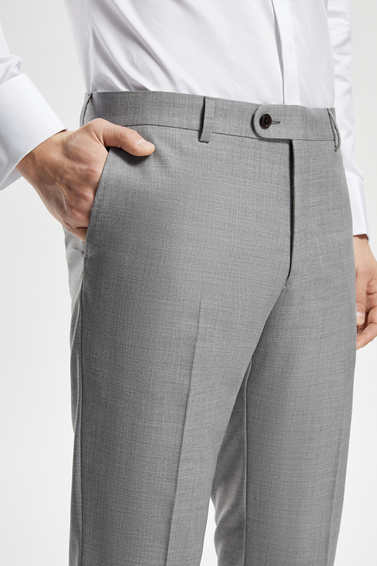 Calça de modelagem italiana, em lã super 130'S com 17.20 µ com cintura alta e passantes de cinto - Exalt Cinza