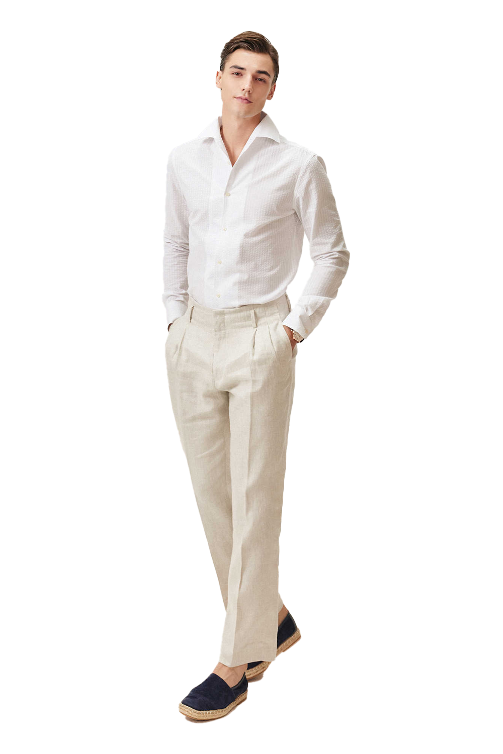 Calça de modelagem italiana, 100% linho hopsack, com cós de hollywood - Palha Crua