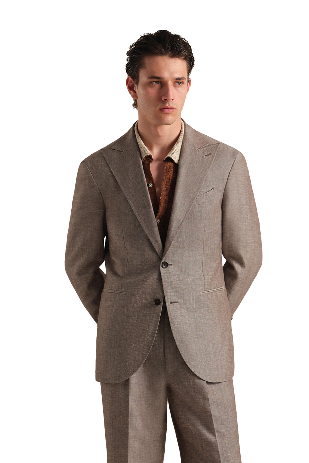Blazer single breasted com lapela peaked large, em lã com linho - Taupe