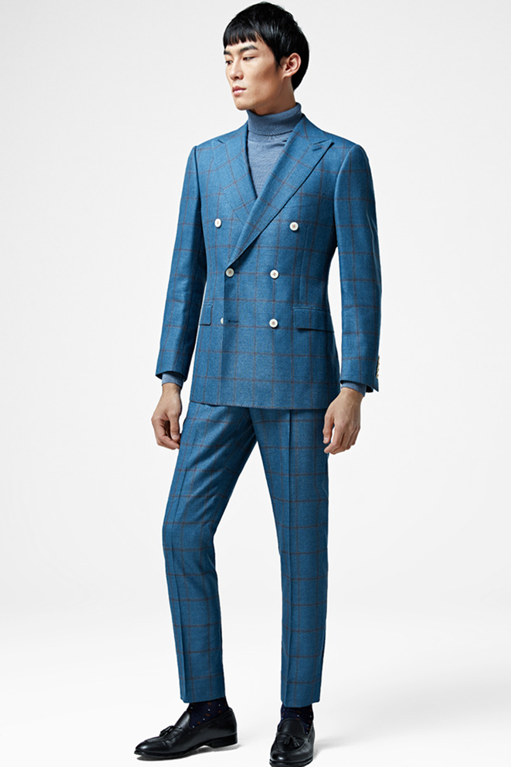 Lanifício Vitale Barberis Canonico - Costume double breasted 6x2, half canvas em lã, linho e seda, com lapela peak - Azul padronagem laranja
