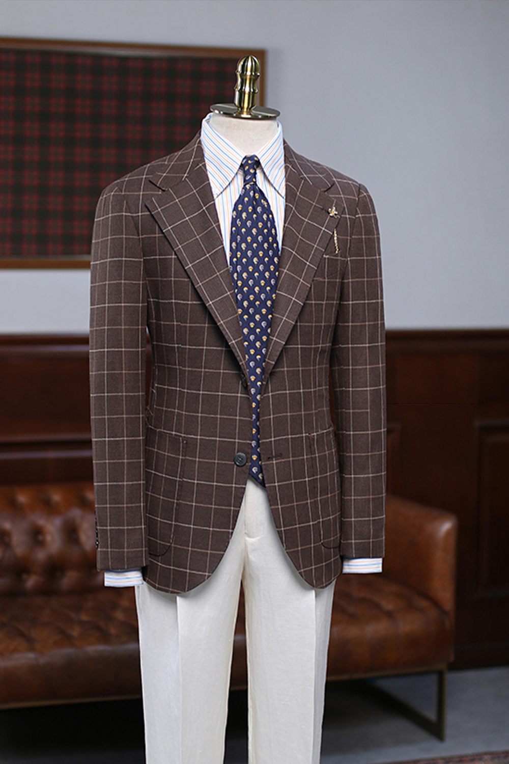 Blazer, em lã com linho single breasted com lapela notched - Marrom Xadrez
