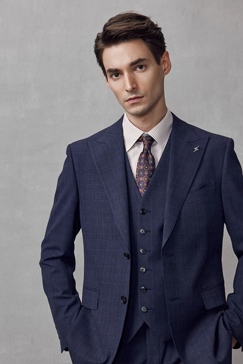 Costume single breasted em poliviscose, com lapela peak- Windowpane azul