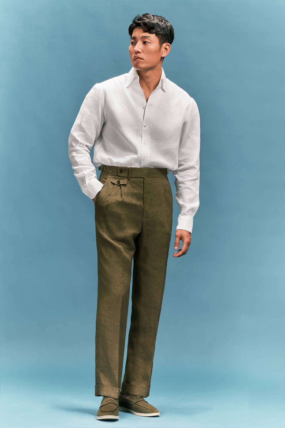 Lanifício MT Gerald- Costume single breasted, half canvas, 100% linho , lapela notched - Verde Alga - SKR
