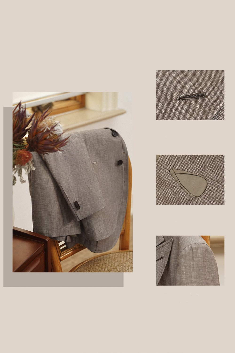 Blazer single breasted com lapela peaked large, em lã com linho - Taupe
