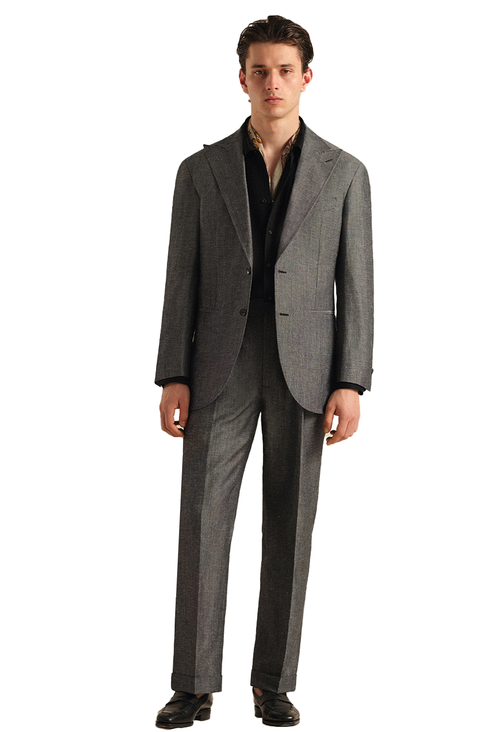 Costume single breasted com lapela peaked large, em lã com linho - Cinza escuro