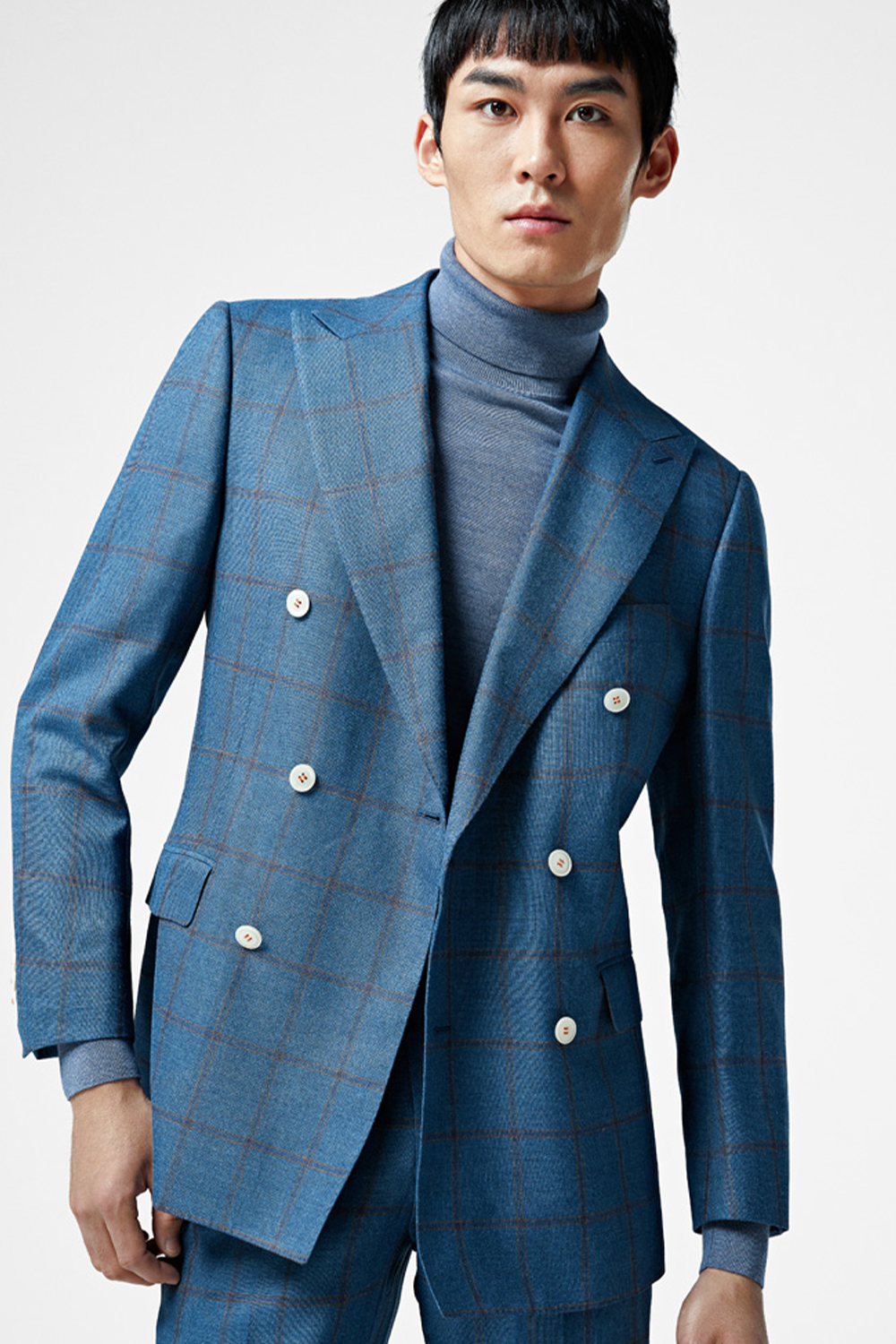 Lanifício Vitale Barberis Canonico - Costume double breasted 6x2, half canvas em lã, linho e seda, com lapela peak - Azul padronagem laranja