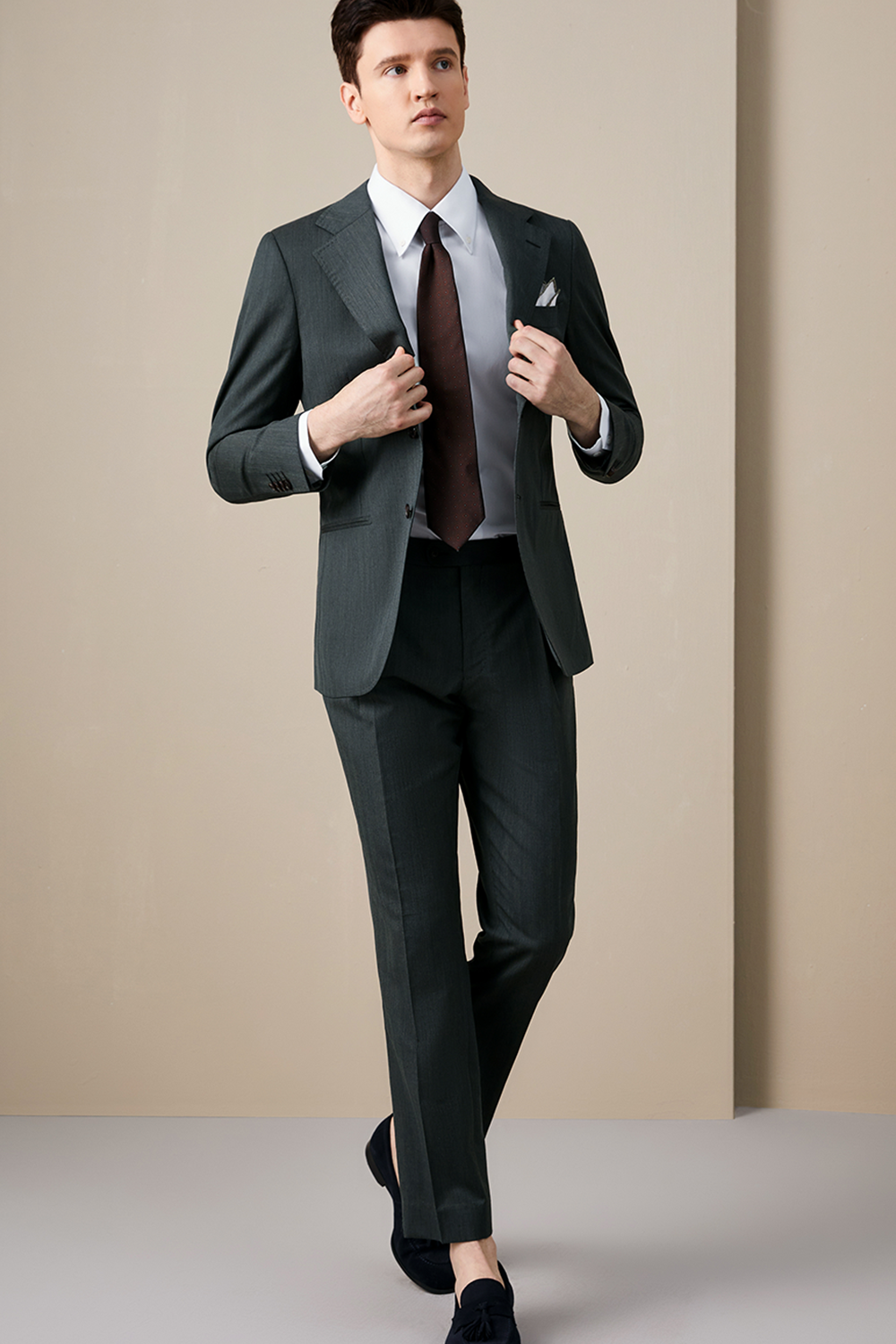 Lanifício Rogna - Costume single, lapela notched, em lã merino com seda - Verde Escuro