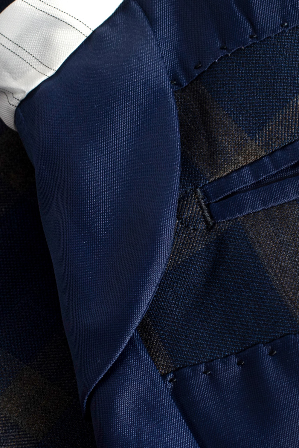 Blazer double breasted 6x2, em lã tropical, com lapela peak - Tartan Azul multitons