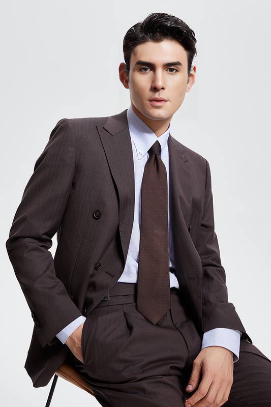 Costume double breasted 6x2 com lapela peak, 100% lã super 120'S com 17.75 µ - Marrom espinha de peixe