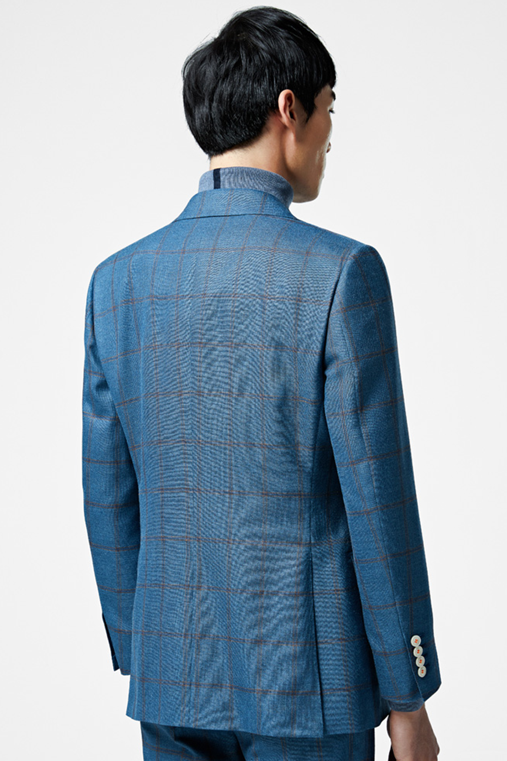 Lanifício Vitale Barberis Canonico - Costume double breasted 6x2, half canvas em lã, linho e seda, com lapela peak - Azul padronagem laranja