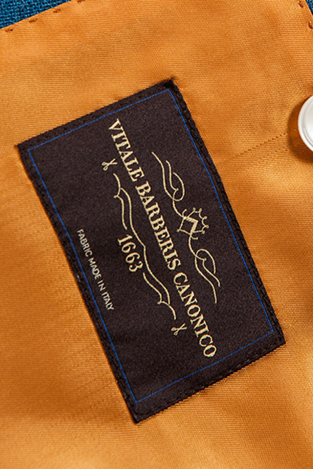 Lanifício Vitale Barberis Canonico - Costume double breasted 6x2, half canvas em lã, linho e seda, com lapela peak - Azul padronagem laranja