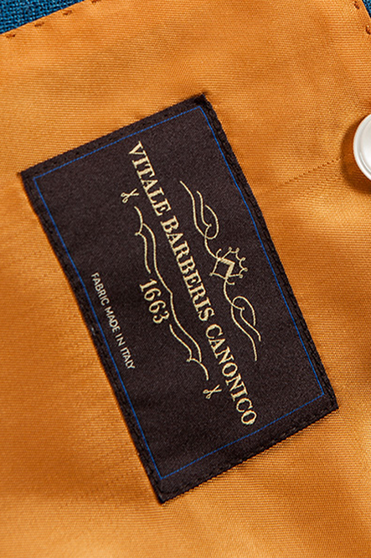 Lanifício Vitale Barberis Canonico - Costume double breasted 6x2, half canvas em lã, linho e seda, com lapela peak - Azul padronagem laranja
